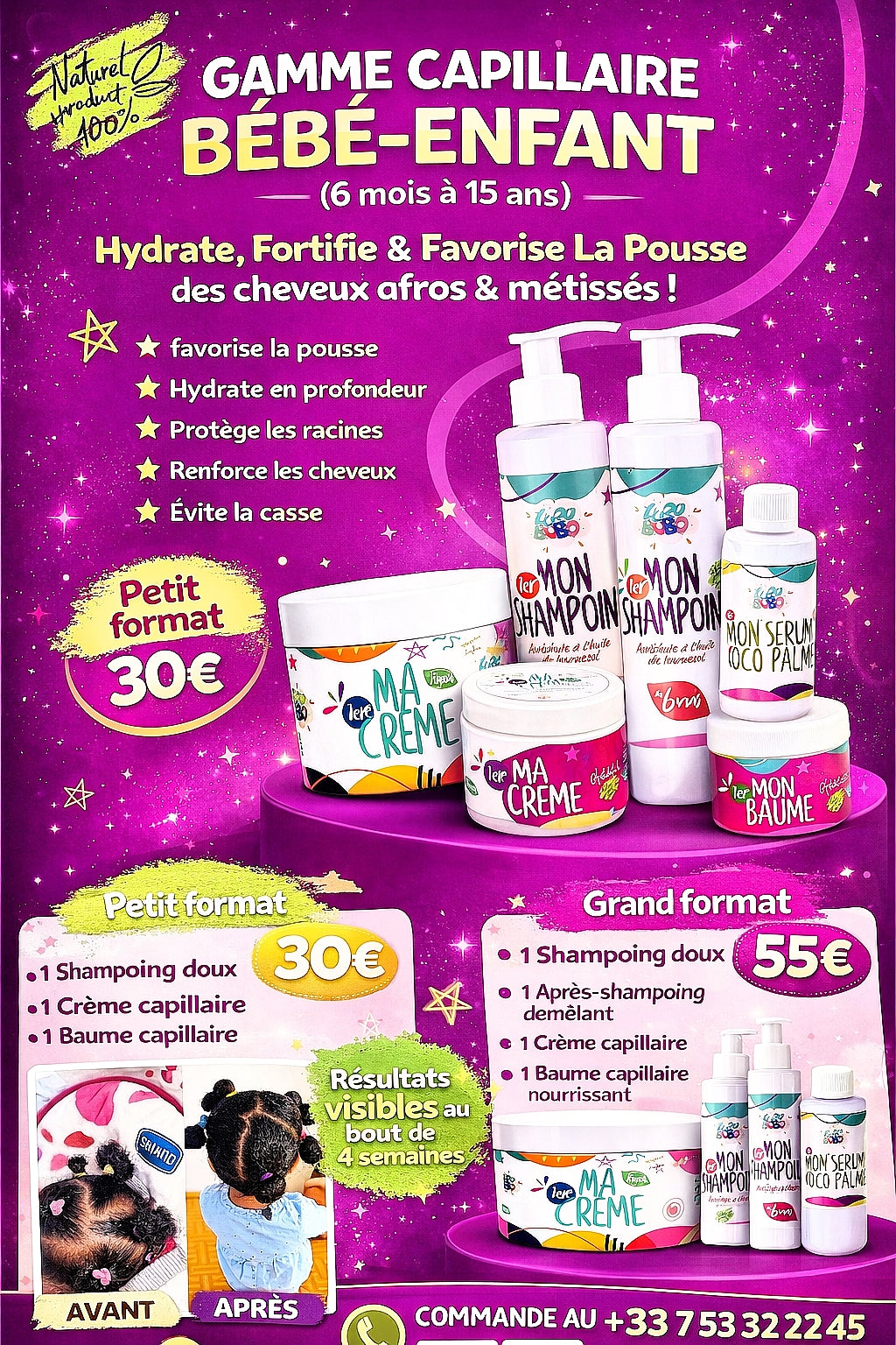 Gamme Capillaire Bébé & Enfant (6 mois et +) – Cure Pousse & Hydratation ( petit format)